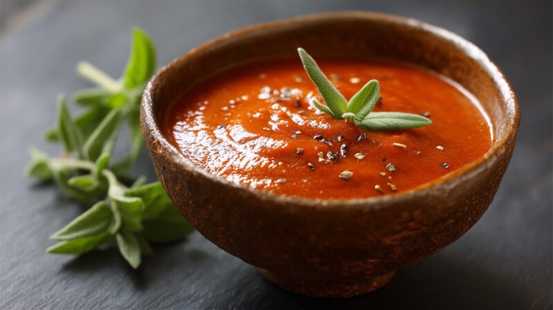 Bowl of German Zigeunersauce with herbs and cracked pepper on top
