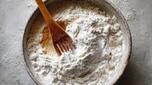Bowl of flour and sugar being combined with a wooden fork