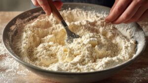 Hands using a fork to cut butter into flour mixture