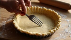 Fork pressing pie dough into a fluted tart pan