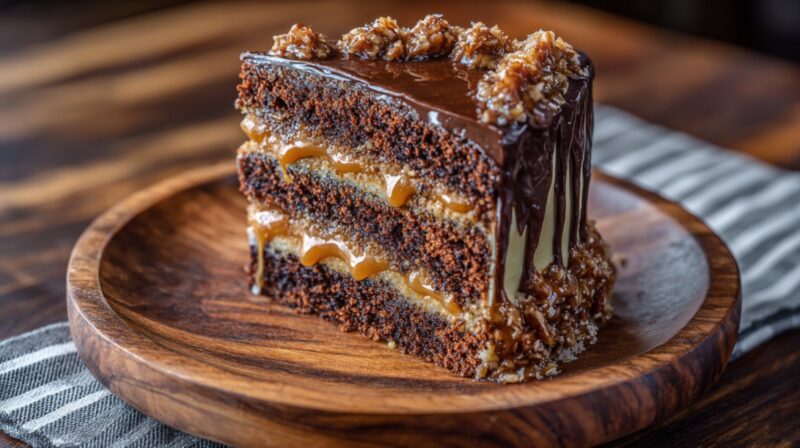 Slice of German chocolate cake with chocolate frosting caramel filling and nut topping on a wooden plate