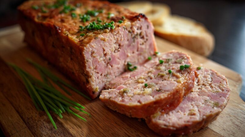 Sliced Bavarian leberkäse loaf on a wooden board with chives