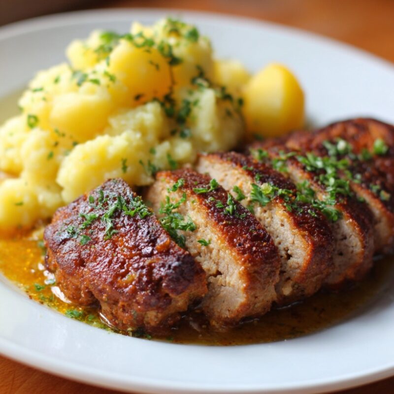 Sliced leberkäse served with boiled potatoes and herbs on a white plate