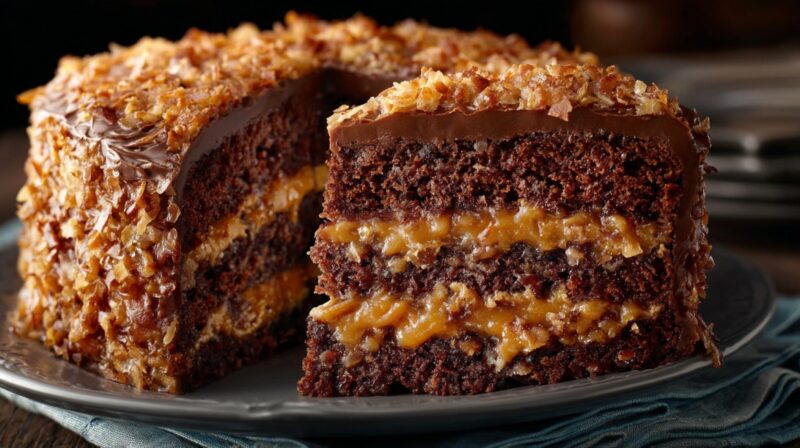 Traditional German chocolate cake with chocolate layers and coconut pecan filling on a serving plate