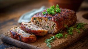 Sliced Bavarian leberkäse loaf on a wooden board with herbs