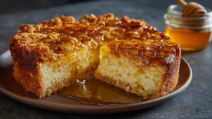 Bienenstich cake with honey almond topping and soft vanilla filling