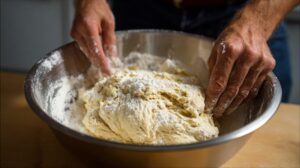 Hands mixing soft dough in a metal bowl for Bienenstich cake