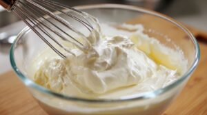 Whisk blending smooth vanilla cream filling in a glass bowl