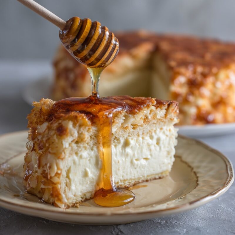 Slice of Bienenstich cake topped with dripping honey
