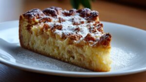 Slice of golden crumb cake on a white plate topped with powdered sugar