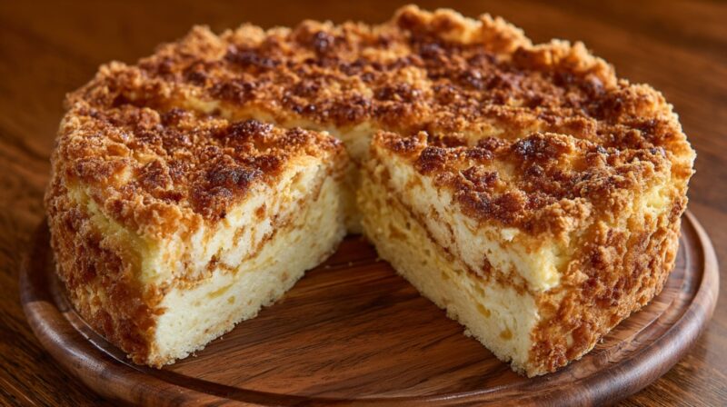 Round crumb topped cake with a slice removed, showing a light and airy interior