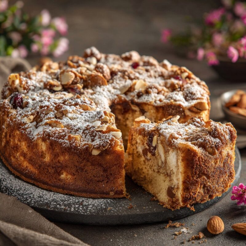 Close up of a sliced nut cake dusted with powdered sugar on a dark serving plate