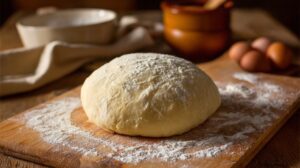 Round ball of dough dusted with flour on a wooden board with baking tools in the background