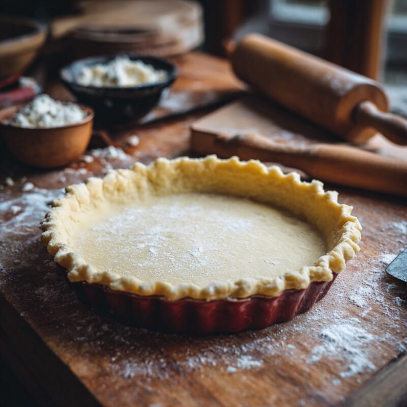 Unbaked pie crust pressed into a fluted tart pan on a wooden surface