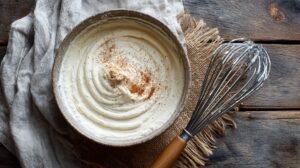 Bowl of smooth cream topping with a whisk on a wooden surface