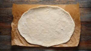 Thin flammenkuchen dough rolled out on parchment paper