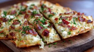 Sliced flammenkuchen topped with bacon herbs and melted cheese on a wooden board