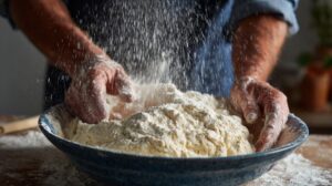 Hands mixing flour in a bowl as flour falls onto the dough