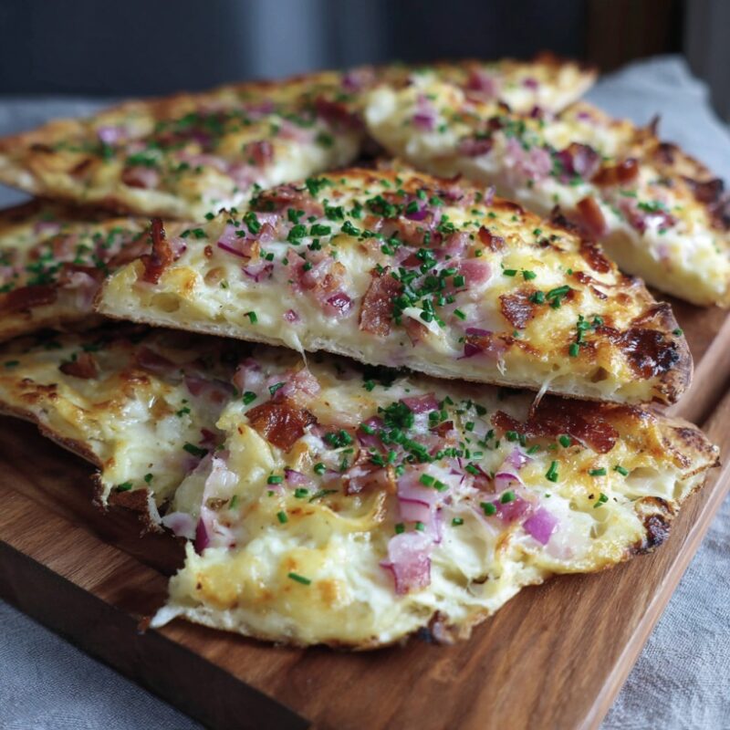 Stacked slices of flammenkuchen with bacon red onion and herbs on a wooden board