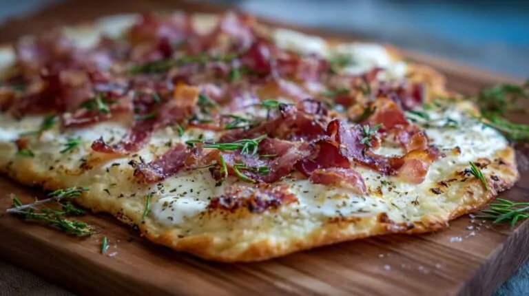 Crispy flammenkuchen topped with cream bacon and herbs