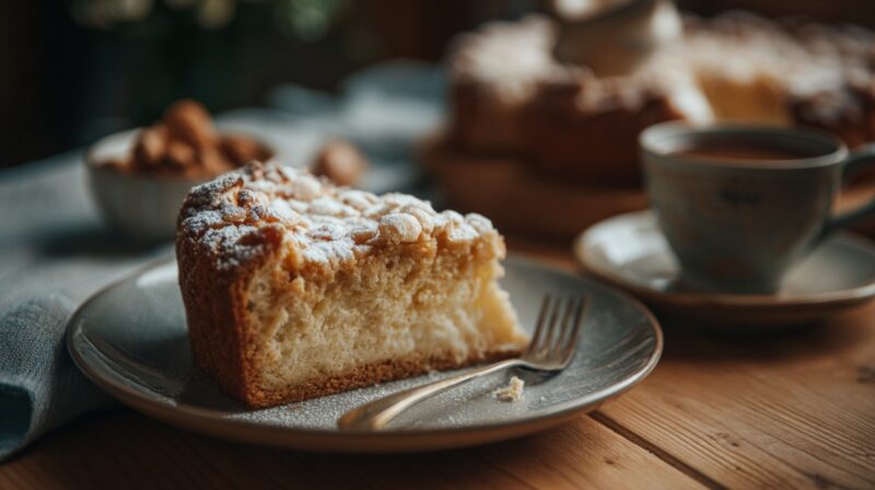 Slice of crumb topped cake on a plate beside a cup of coffee on a wooden table