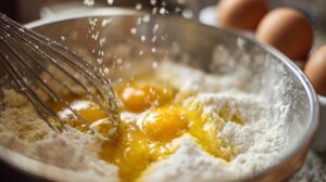 Whisk blending eggs into flour inside a metal mixing bowl with eggs nearby