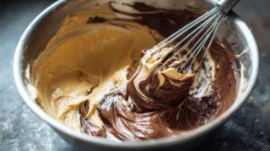 Whisk blending chocolate and vanilla mixture with butter inside a metal mixing bowl