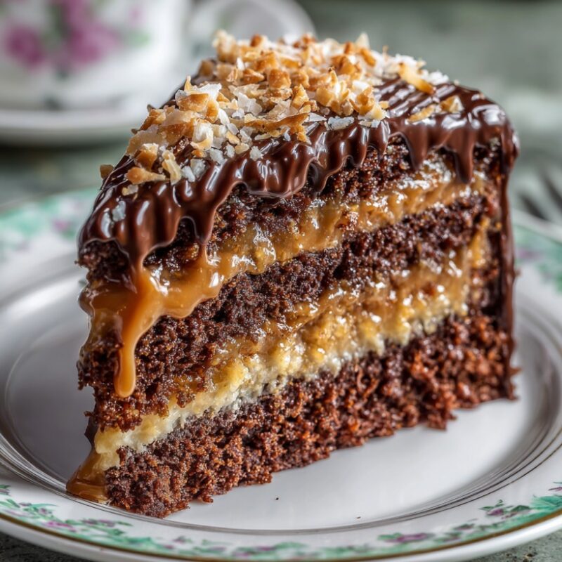 Slice of German chocolate cake with chocolate frosting caramel filling and coconut pieces on a plate