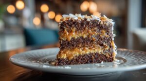 Slice of layered German chocolate cake with caramel filling and coconut topping on a plate