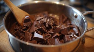 Chopped chocolate melting in a metal pot with a wooden spoon
