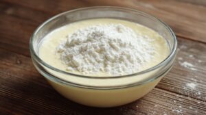 Glass bowl filled with cake batter topped with a mound of flour on a wooden surface