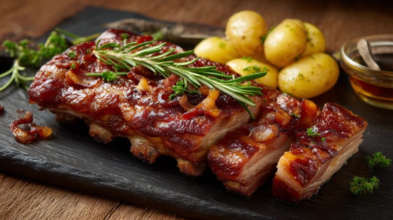 Glazed kassler pork ribs garnished with rosemary and served with boiled potatoes