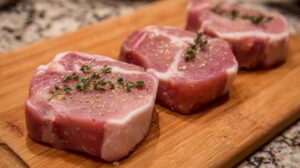 Raw kassler pork chops with herbs and seasoning on a wooden board