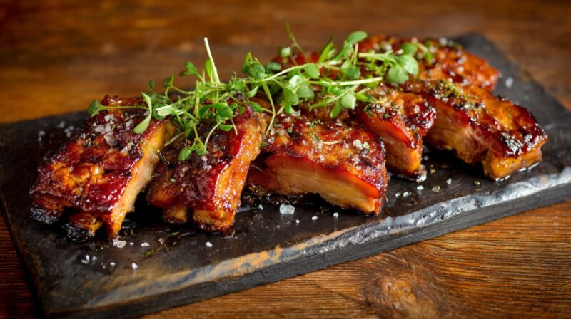 Smoked kassler pork ribs glazed and topped with fresh herbs on a slate board