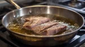Kassler pork slices cooking in a pan with bubbling liquid