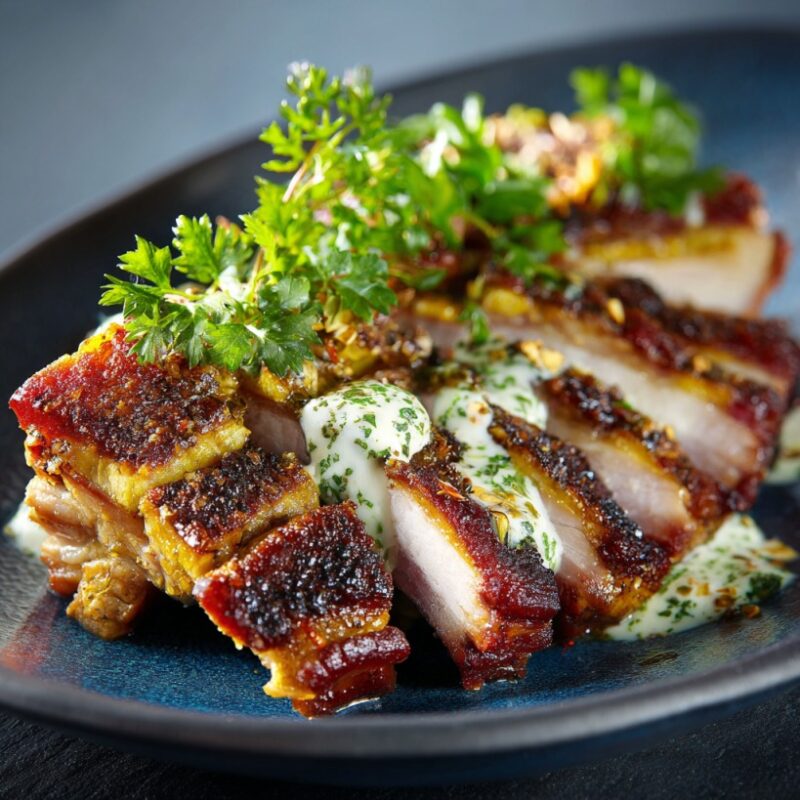 Sliced kassler pork with browned crust and herb garnish on a plate