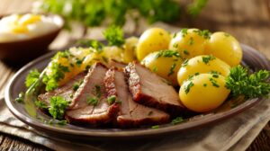 Sliced kassler pork with boiled potatoes and fresh parsley on a plate