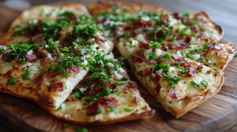 Sliced flammenkuchen with bacon onions and fresh herbs