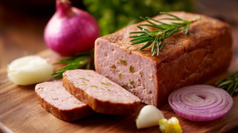 Sliced leberkäse loaf with onions, garlic, and herbs on a wooden board