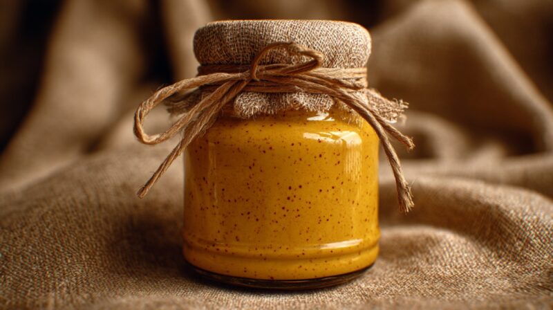 Jar of German mustard wrapped with burlap and twine
