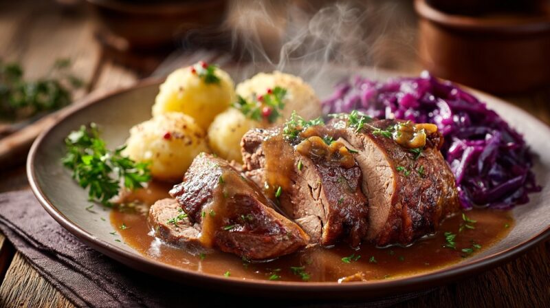Sliced German beef rouladen topped with rich brown gravy, served with potato dumplings and braised red cabbage on a rustic plate, garnished with fresh parsley and steaming hot