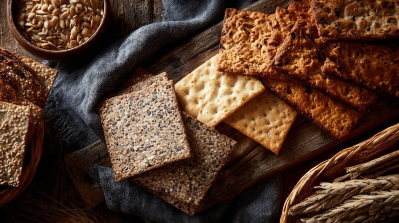 Assorted knäckebrot and seeded crispbreads displayed on a wooden surface
