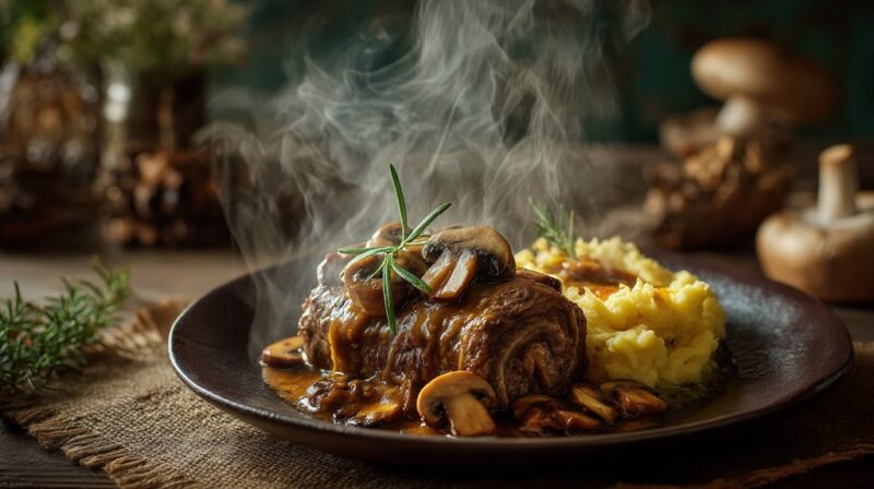German beef rouladen topped with rich mushroom gravy, garnished with fresh rosemary, served alongside creamy mashed potatoes on a rustic plate with steam rising, surrounded by whole mushrooms and herbs