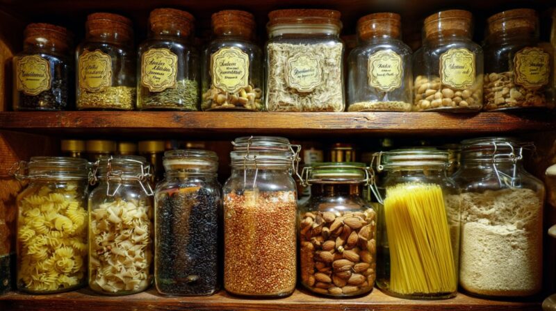 Glass jars filled with grains, pasta, nuts, and spices on wooden shelves.