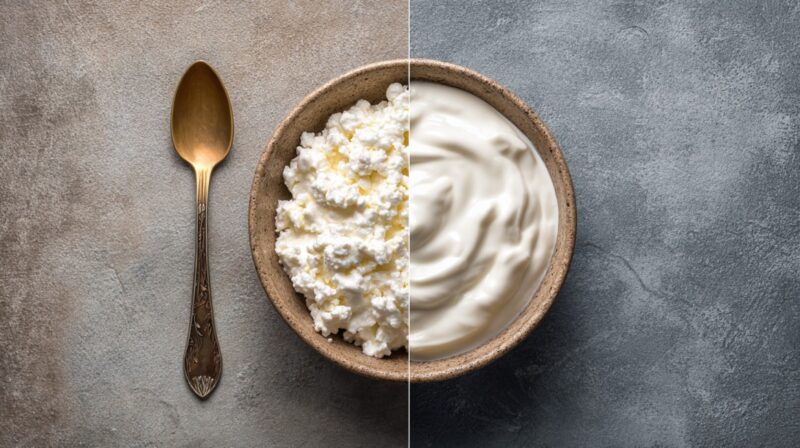 Bowl split between quark on one side and yogurt on the other with a spoon beside it