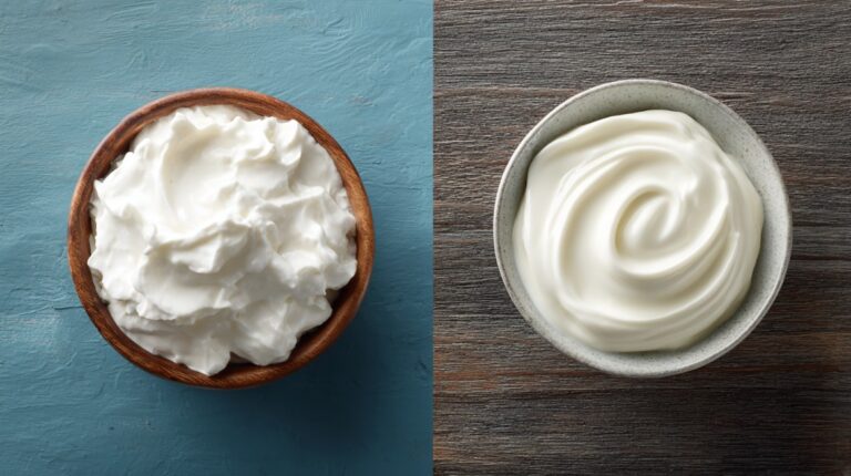 Bowls of quark and yogurt placed next to each other on different surfaces