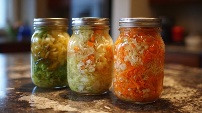 Three jars filled with fermented cabbage and pickled vegetables on a kitchen counter