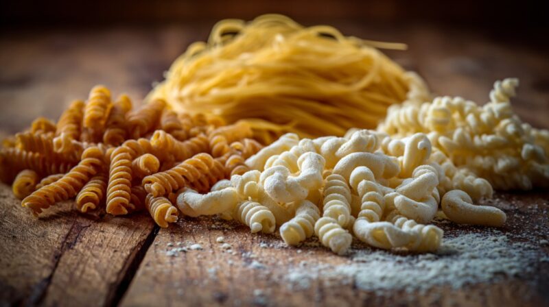 Fresh spaetzle noodles and dry pasta shapes arranged on a wooden table