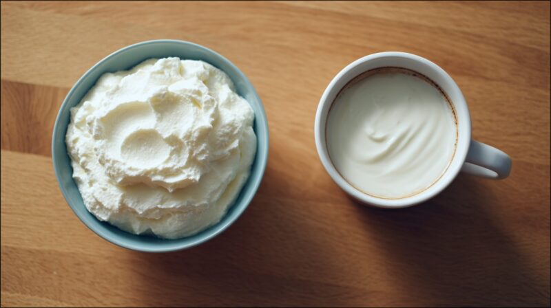 Bowl of quark next to a cup of yogurt viewed from above