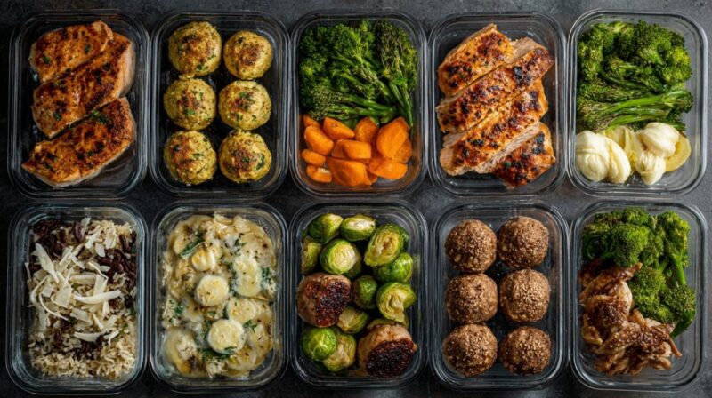 Assorted meal prep containers filled with chicken, vegetables, rice, and healthy snacks arranged on a table